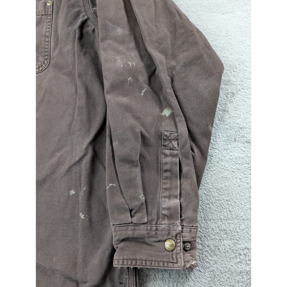 Carhartt Mens XL Tall Brown Canvas Shirt Jacket Plaid Lined Distressed Workwear - Picture 12 of 16